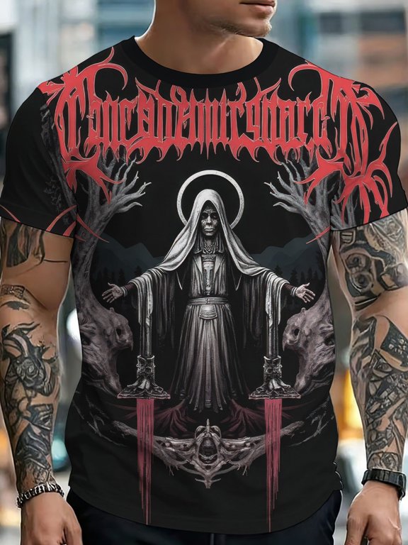 Men's Fashion Crew Neck T-Shirt, Trendy Printed Short Sleeve Top Gothic Diablo Nun Ritual Picture, Vivid High Definition Print Design and Machine Washable Fabric