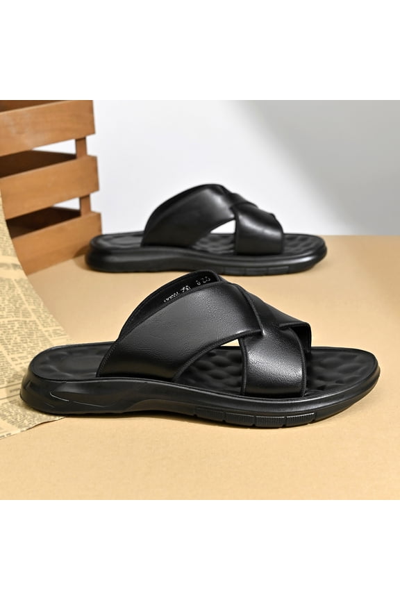 Men's Fashion Cross Strap Slide Sandals Featuring Premium Synthetic Upper, Stable Thick Sole, Open-Toe Breathable Design, Essential Slip-On Footwear for Summer Home Beach Pool Use