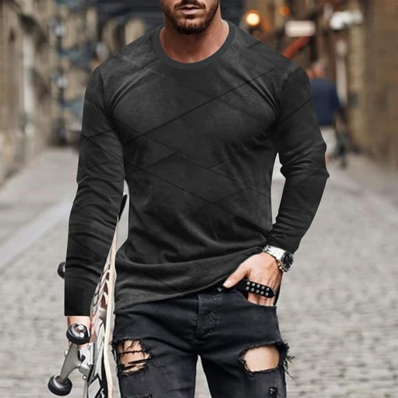 Men's Fashion Designer Shirts Long Sleeve Round Neck 3D Digital Print T-Shirt Casual Slim Fit Tops Running Lounging Workout Tee