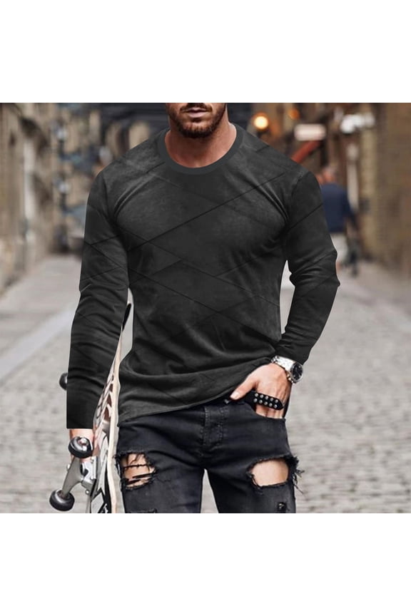 Men's Fashion Designer Shirts Long Sleeve Round Neck 3D Digital Print T-Shirt Casual Slim Fit Tops Running Lounging Workout Tee