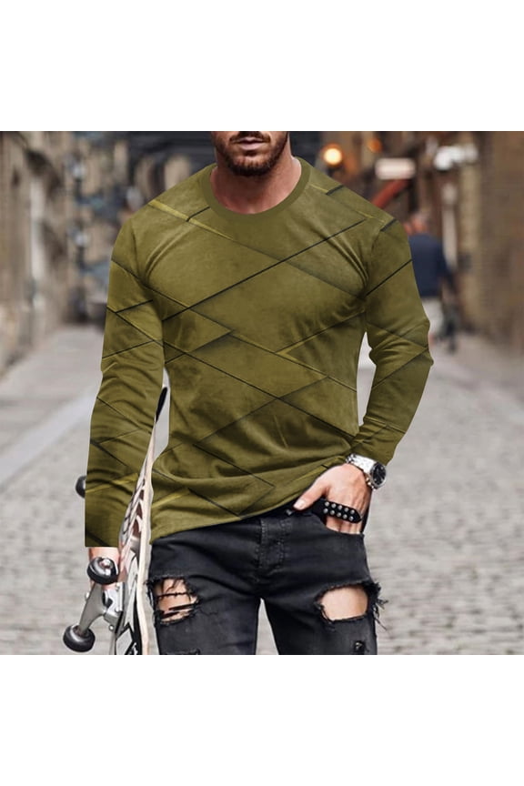 Men's Fashion Designer Shirts Long Sleeve Round Neck 3D Digital Print T-Shirt Casual Slim Fit Tops Running Lounging Workout Tee