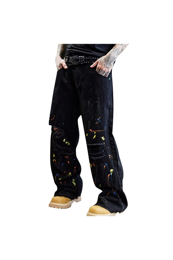 Men's Fashion Destruction Graffiti Jeans Biker Straight Leg Denim Pants Ripped Frayed Moto Cargo Pants