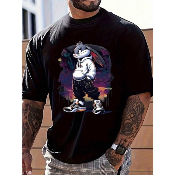 Men's Fashion Domineering Rabbit Print Round Neck Short Sleeve Daily Casual Popular T-Shirt