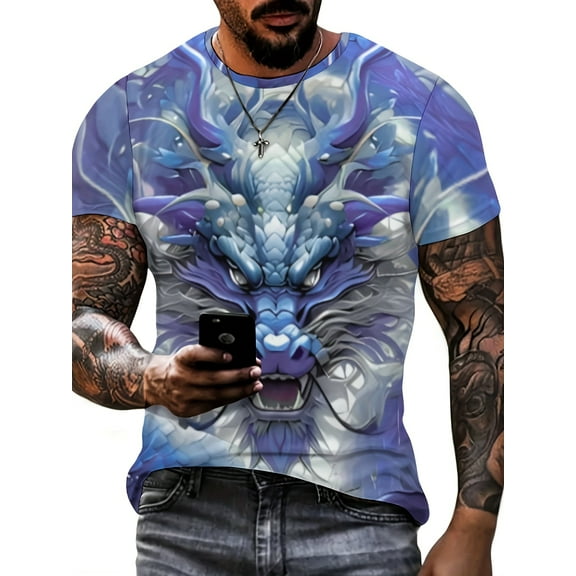 Men's Fashion Dragon Pattern 3D Printed T-Shirt, Animal Pattern Short Sleeve Street Style T-Shirt, Summer Casual Men's Top, Polyester Knitted Fabric, Geometric Pattern, Round Neck, Slim Fit Style