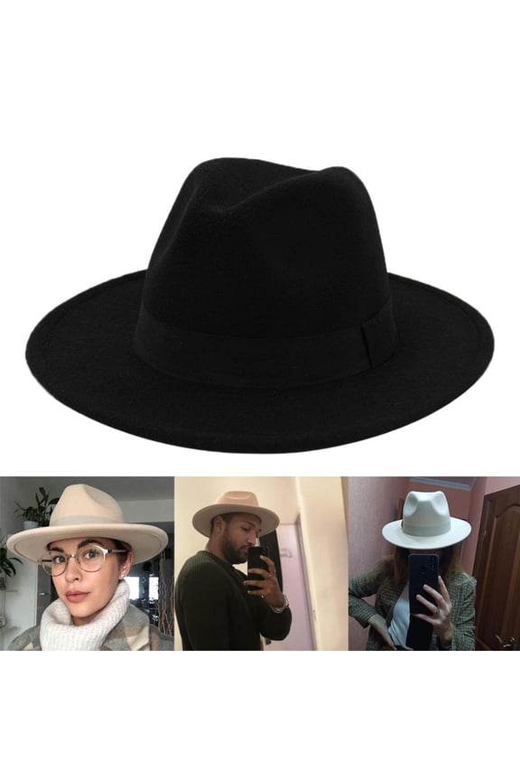 Men's Fashion Flat Part Fedora Hat, Breathable Ribbon, Belt, Wide Brim, Felt, British Winter Black