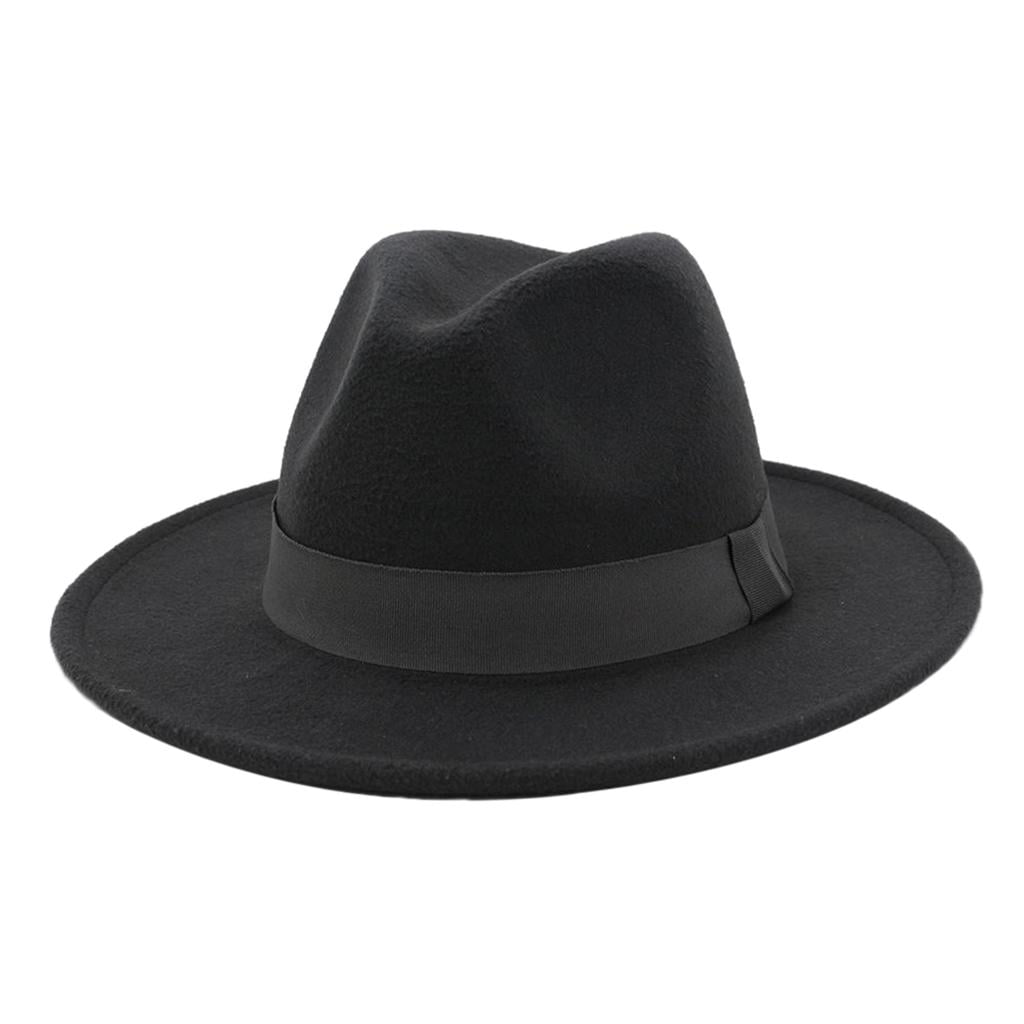 Men's Fashion Flat Part Fedora Hat, Breathable Ribbon, Belt, Wide Brim, Felt,  British Winter Black 