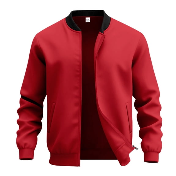 Men's Fashion Flight Jacket - Solid Color Stand-Up Collar Zip-Up Baseball Cardigan, Trendy Outerwear, Red, L