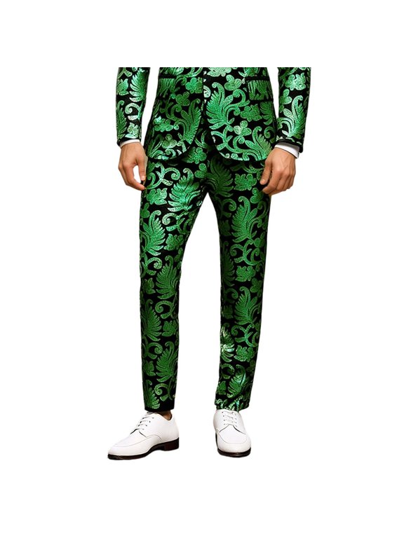 Men's Fashion Floral Glitter Sequin Pants Stage Trousers for Performances and Casual Wear Decorative Pants for Men Eye Catching Shine and Comfortable Fit(Green,S)