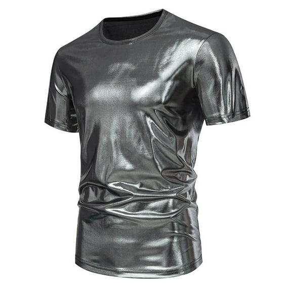 Men's Fashion Glossy Party T-Shirt Stage Performance Round Neck Short Sleeve Comfortable Fit Casual Wear Stylish Top Men's Tops T-Shirt Casual Crew Neck Loose