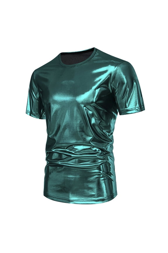 Men's Fashion Glossy Stage Performance Round Neck Short Sleeve T-Shirt for Party and Casual Wear