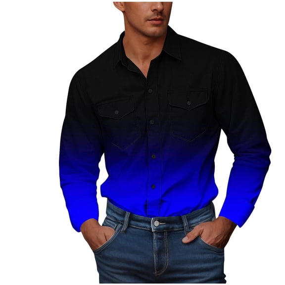 Men's Fashion Gradient Double Pockets Shirts Button Down Long Sleeve Business Casual Work Shirt