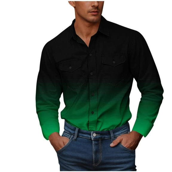 Men's Fashion Gradient Double Pockets Shirts Button Down Long Sleeve Business Casual Work Shirt