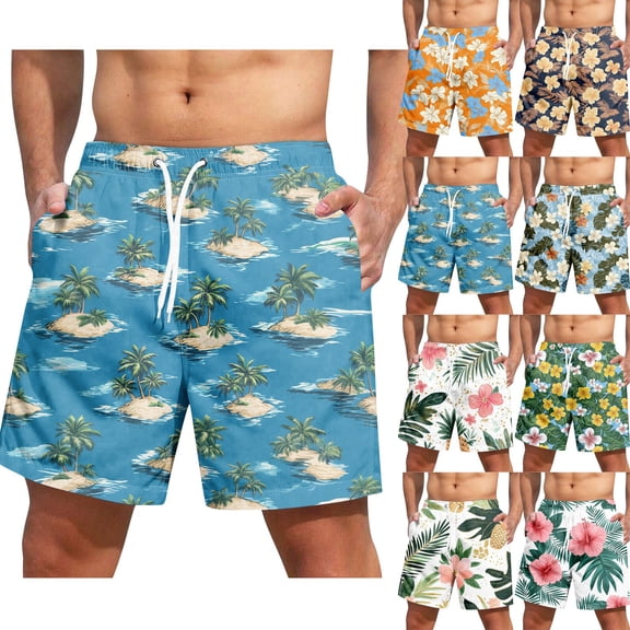 Men's Fashion Hawaiian Print Elastic-Waisted Yoga Pants Beach Shorts, Casual Swim Trunks for Summer, Vacation and Pool Party,Pink,XL