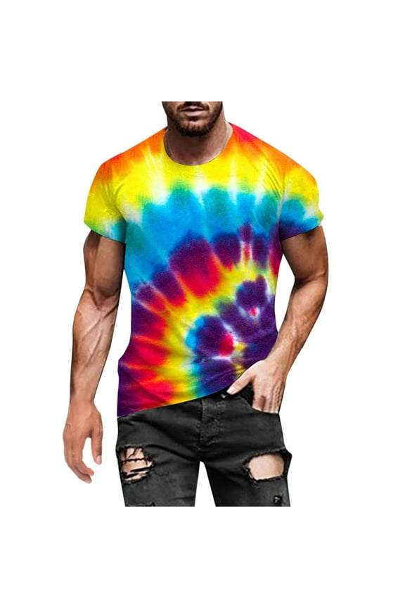 Men's Fashion Hip Hop Color Block T-Shirt Tie Dye Street Casual T-Shirt Round Neck Trend Short Shirt for Men Graphic Novelty Funny Tee