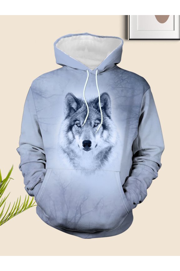 Men's Fashion Hooded Sweatshirt 3D Wolf Head Pattern Print Casual Loose Long Sleeve Top Trendy Versatile Sports Top, Long Sleeve Sweatshirt, Men's Sportswear