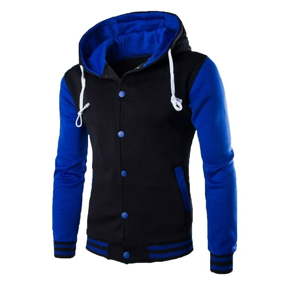 Men's Fashion Hooded Varsity Jacket Colorblock Button Cardigan Baseball Jacket Autumn Warm Versatile Outerwear (M, Blue)