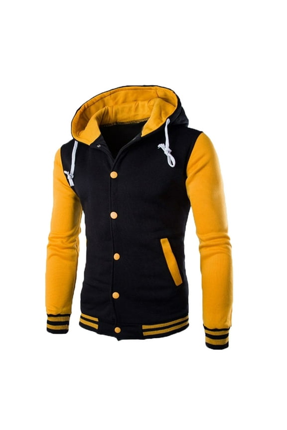 Men's Fashion Hooded Varsity Jacket Colorblock Button Cardigan Baseball Jacket Autumn Warm Versatile Outerwear