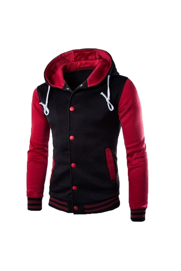 Men's Fashion Hooded Varsity Jacket Colorblock Button Cardigan Baseball Jacket Autumn Warm Versatile Outerwear