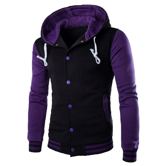 Men's Fashion Hooded Varsity Jacket Colorblock Button Cardigan Baseball Jacket Autumn Warm Versatile Outerwear