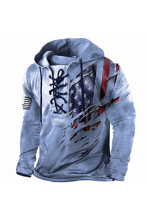 Men's Fashion Hoodies Long Sleeve T-Shirt Vintage Lace Up Hooded Sweatshirts USA Flag Print Shirts Drawstring Tee Tops Blue M