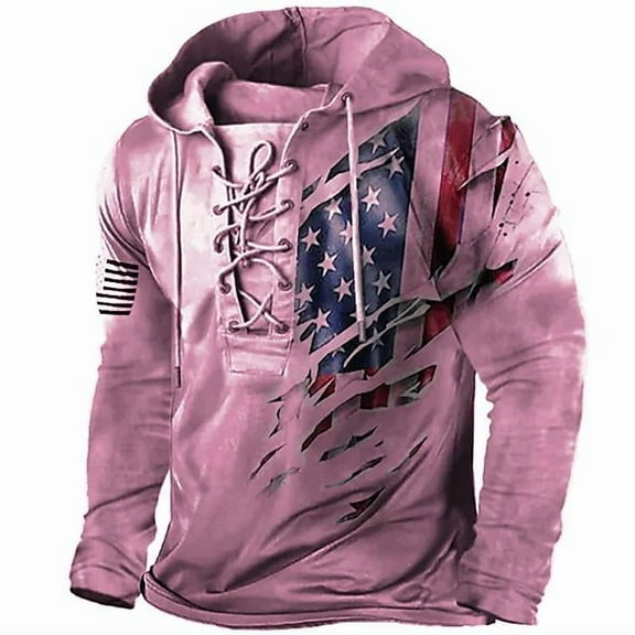 Men's Fashion Hoodies Long Sleeve T-Shirt Vintage Lace Up Hooded Sweatshirts USA Flag Print Shirts Drawstring Tee Tops Pink L