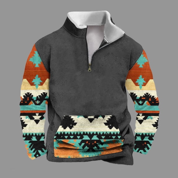 Men's Fashion Hoodies & Sweatshirts 1/4 Zip Pullover Mens Cowboy Western Lapel Sweatshirt Casual Print Pullover Men Stand Collar Cradation Retro Ethnic Print Zipper Long Sleeve Tops Sweatshirt
