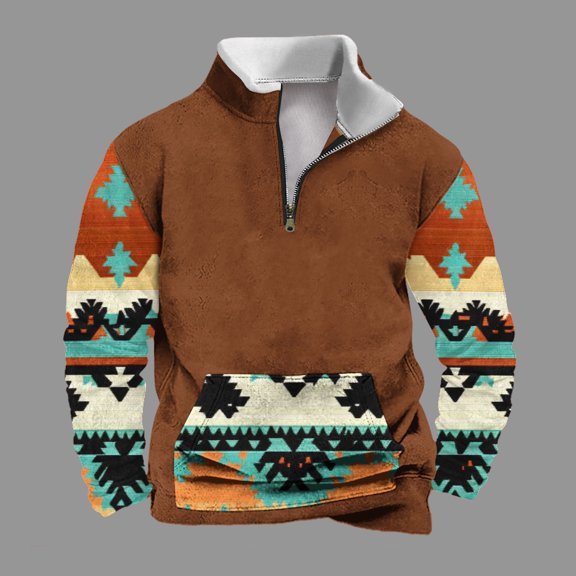 Men's Fashion Hoodies & Sweatshirts 1/4 Zip Pullover Mens Cowboy Western Lapel Sweatshirt Casual Print Pullover Men Stand Collar Cradation Retro Ethnic Print Zipper Long Sleeve Tops Sweatshirt