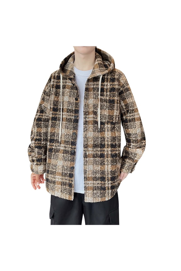 Men's Fashion Hoodies & Sweatshirts Men's Flannel Plaid Hooded Jacket Button Down Sherpa Fleece Lined Long Sleeve Warm Y2k Heavyweight Coat