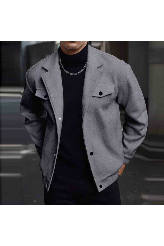 Men's Fashion Jacket Solid Color Slim Design Buckle Pocket Long Sleeve Turndown Collar Blouse Casual