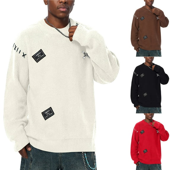 Men's Fashion Knit Sweater Loose Fit Round Neck Pullover Long Sleeve for Casual Everyday Wear and Winter Holiday Season,Red,M