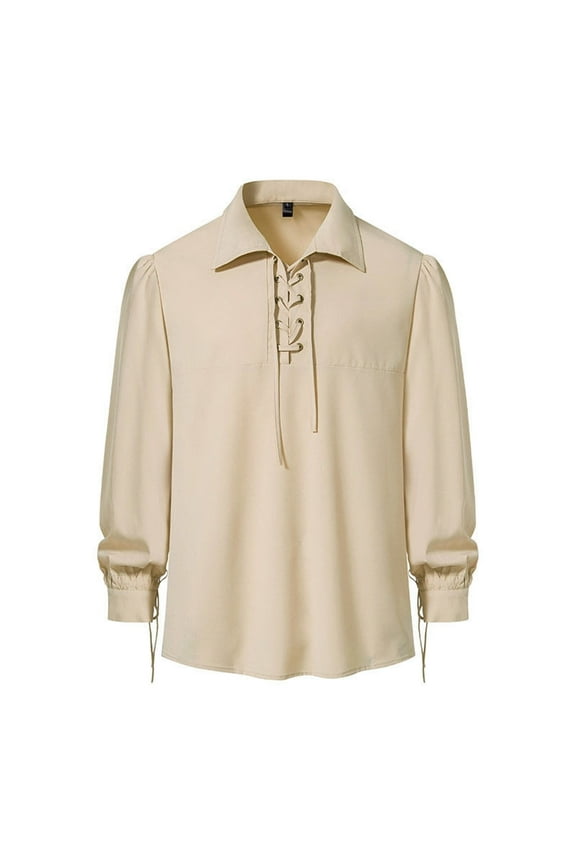 Men's Fashion Lace Up Lapel Long Sleeve Hippie Casual Shirt Stylish Boho Tee Comfortable Blend Top Men's Tops T-Shirt Casual Crew Neck Loose