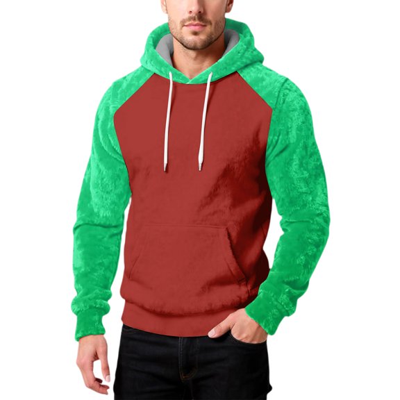 Men's Fashion Leisure Color Blocked Plush Hooded Long Sleeves Hoodie - Cozy and Warm Pullover Sweatshirt for Everyday Casual Style and Comfort,Light Green,2XL