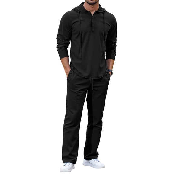 Men's Fashion Leisure Hooded Button Upper Garment and Trousers Set for Stylish Casual Wear and Modern Apparel with Button-Down Design,Black,2XL