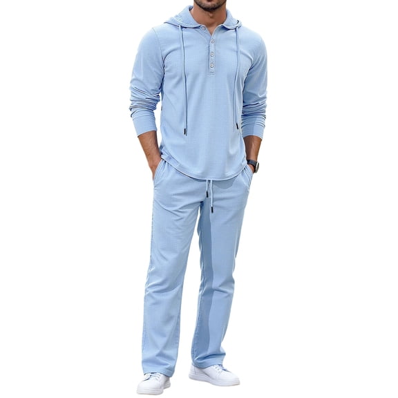 Men's Fashion Leisure Hooded Button Upper Garment and Trousers Set for Stylish Casual Wear and Modern Apparel with Button-Down Design,Sky Blue,M