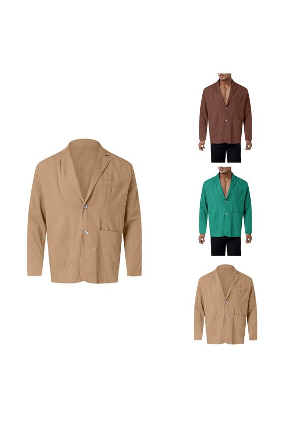 Men's Fashion Leisure Lightweight Solid Color Pockets Lapel Button Down Suit Jacket, Business Casual Linen Cotton Blazer with Button-Down Collar