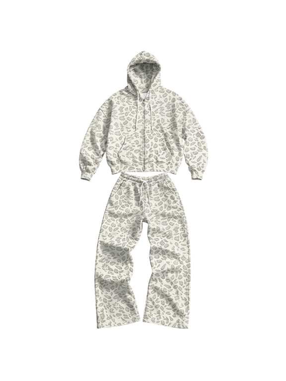 Men's Fashion Leopard Print Baggy Hoodie and Sweatpants Set Oversized Pullover Tracksuit with Drawstring Relaxed Winter Lounge Outfit