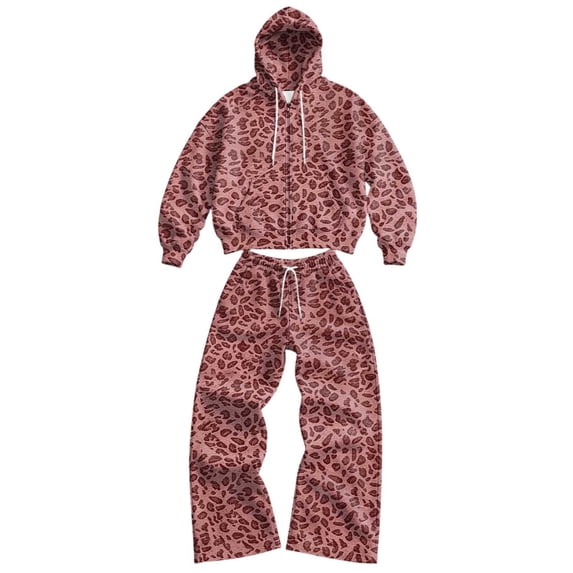Men's Fashion Leopard Print Baggy Hoodie and Sweatpants Set Oversized Pullover Tracksuit with Drawstring Relaxed Winter Lounge Outfit