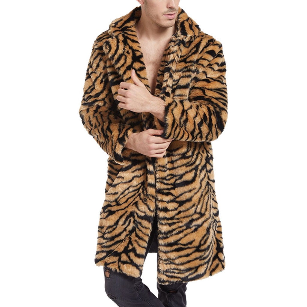 Men s Fashion Leopard Print Zebra Print Faux Fur Jacket Plush Shawl Collar Trench Coat Party Show Mid Length Long Sleeve Top