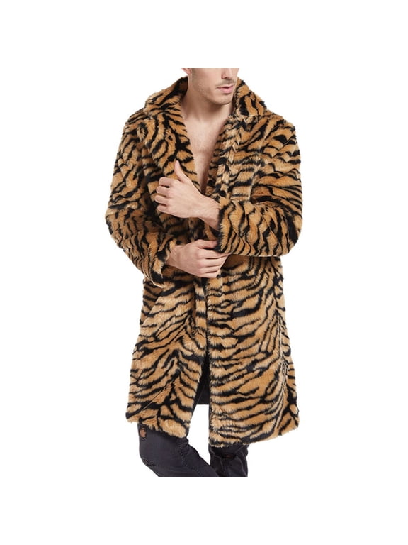 Men's Fashion Leopard Print Zebra Print Faux Fur Jacket Plush Shawl Collar Trench Coat Party Show Mid Length Long Sleeve Top