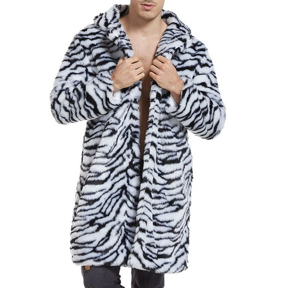 Men's Fashion Leopard Print Zebra Print Faux Fur Jacket Plush Shawl Collar Trench Coat Party Show Mid Length Long Sleeve Top