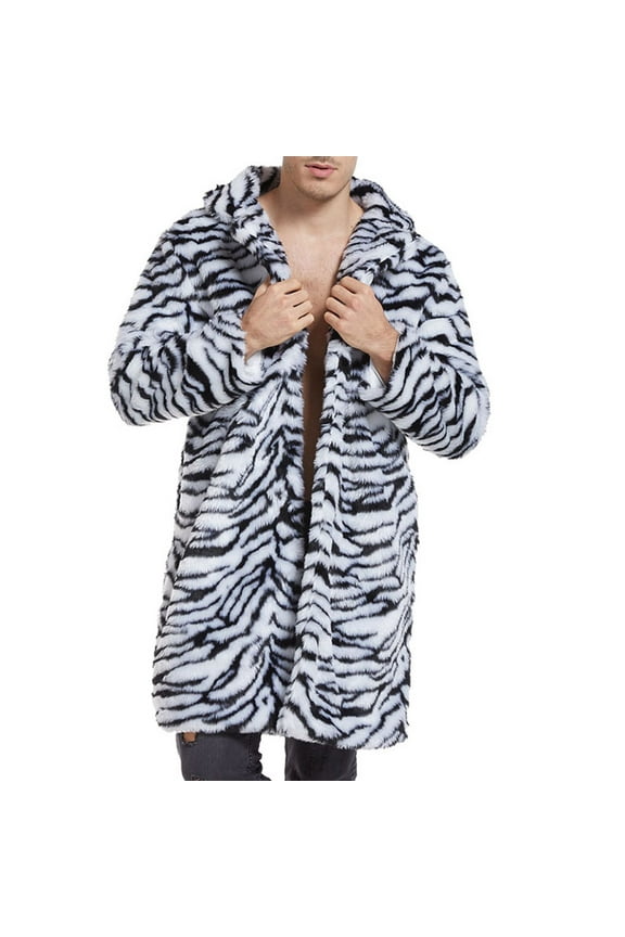 Men's Fashion Leopard Print Zebra Print Faux Fur Jacket Plush Shawl Collar Trench Coat Party Show Mid Length Long Sleeve Top