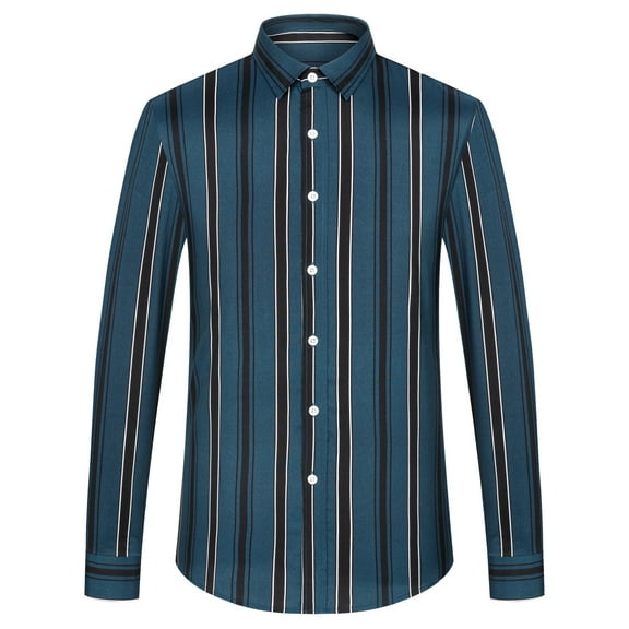 Men's Fashion Long-Sleeve Button-Up Shirt with Color Block Stripes - Spring Summer Comfort Casual Attire