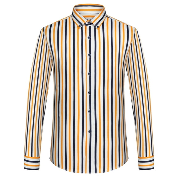Men's Fashion Long-Sleeve Button-Up Shirt with Color Block Stripes - Spring Summer Comfort Casual Attire