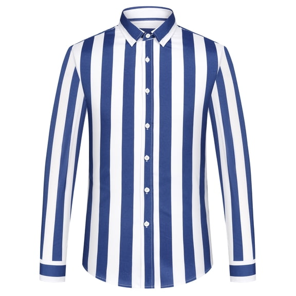Men's Fashion Long-Sleeve Button-Up Shirt with Color Block Stripes - Spring Summer Comfort Casual Attire