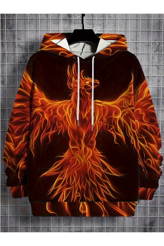 Men's Fashion Long Sleeve Hoodie, Digital Print, Cool Flame Phoenix 3D Print, Machine Washable, Suitable for Spring and Autumn, Casual Wear, Versatile Sweatshirt