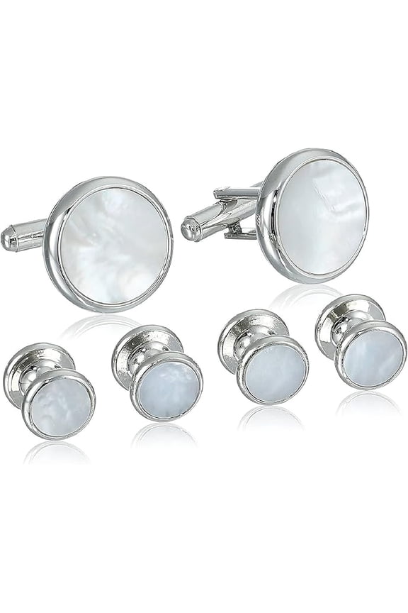 Men's Fashion Luxurious Cufflinks and Studs Set for Tuxedo - White Pearl with Shiny Silver Trimming by Men's Collections (6pcs Set, White Pearl)