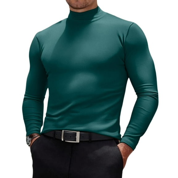 Men's Fashion Mock Turtleneck T-Shirts Long Sleeve Pullover Sweater Basic Designed Undershirt Slim Fit Top Dark Green L