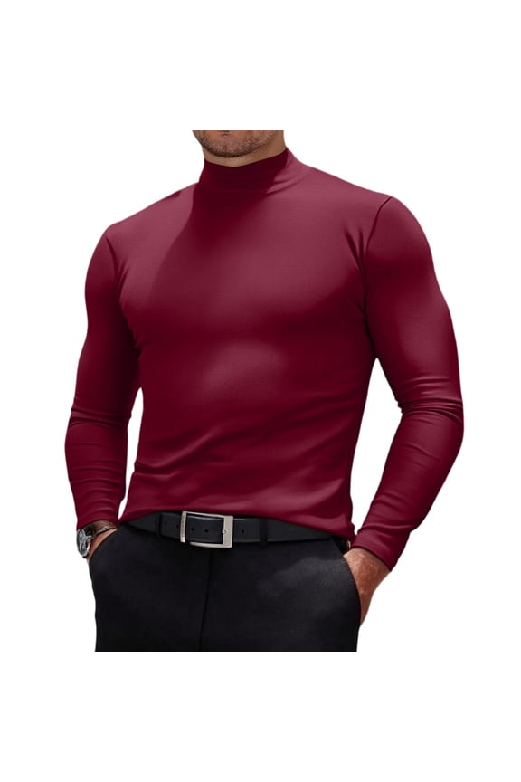 Men's Fashion Mock Turtleneck T-Shirts Long Sleeve Pullover Sweater Basic Designed Undershirt Slim Fit Top Wine 3XL