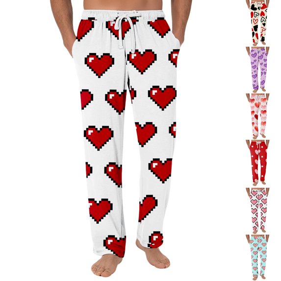 Men's Fashion Mosaic Heart Print Pajama Pants, Drawstring Elastic Waist Lounge Trousers for Valentine's Day Gift and Home,Wine,L