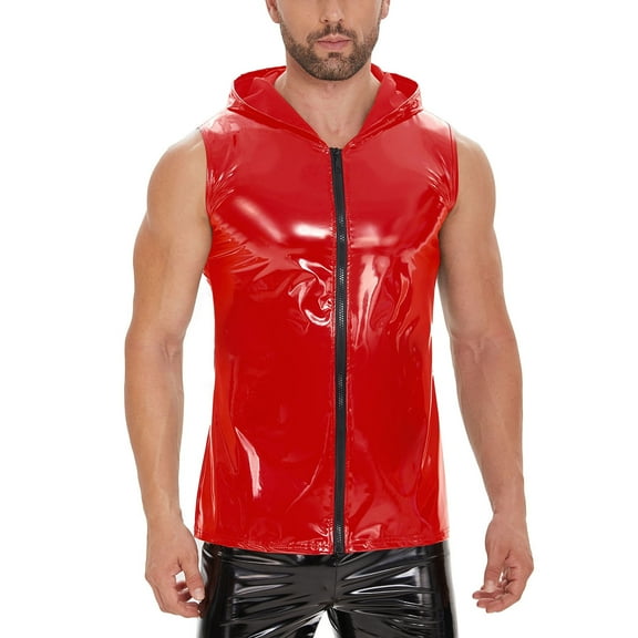 Men's Fashion Outerwear Vest Hooded Sleeveless Reflective Leather Stylish Shine Jacket for Casual Wear
